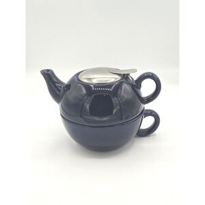 Deep Blue Ceramic Tea‎ Pot with Infuser and Matching Cup Set for One